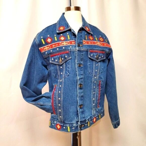 Vintage Gepetto 90s y2k Southwest Aztec Thunderbird Trucker Jean Jacket Lg - Picture 6 of 11